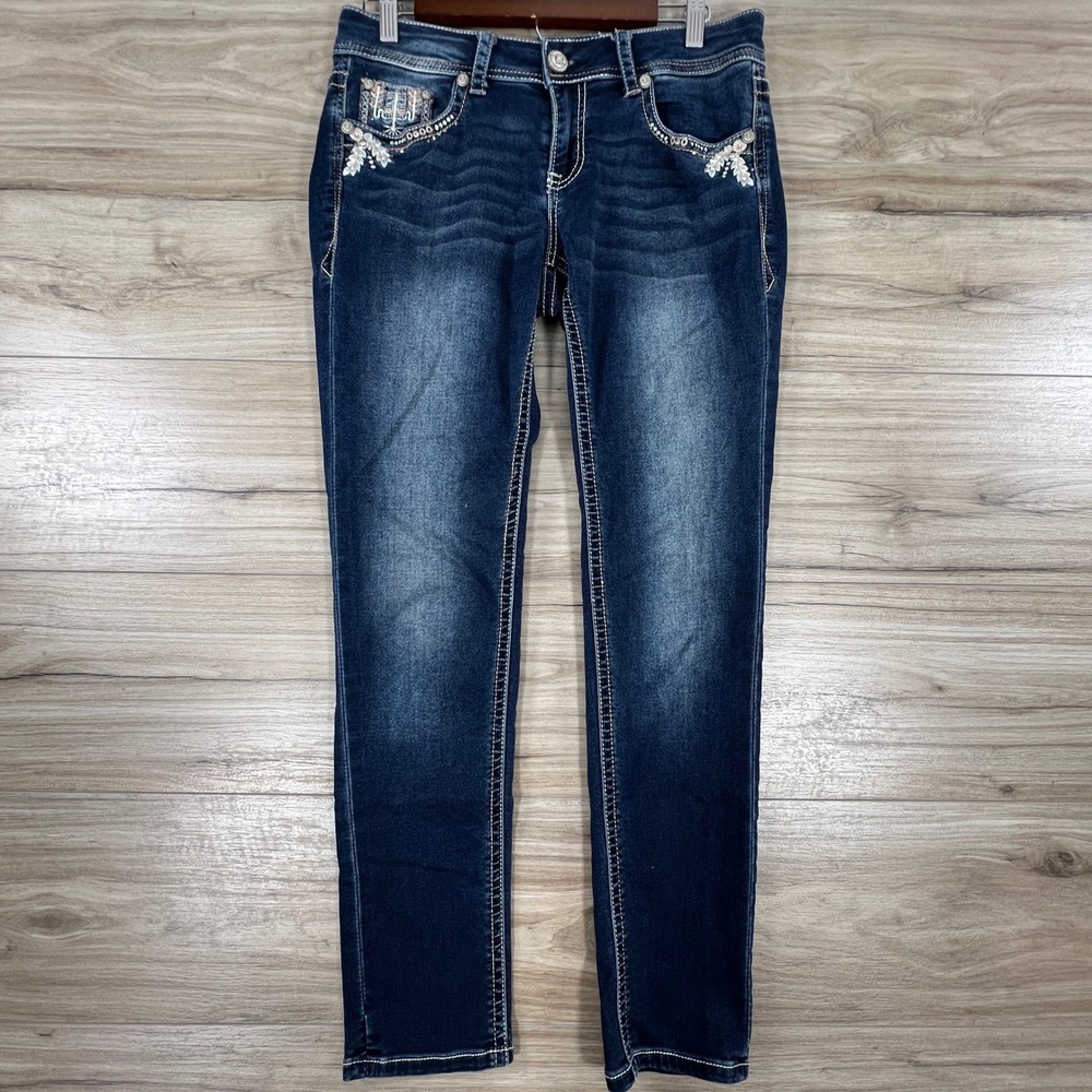Grace in LA Skinny Jeans Dark Wash Embroidered Rhinestone Size 29 Western Denim